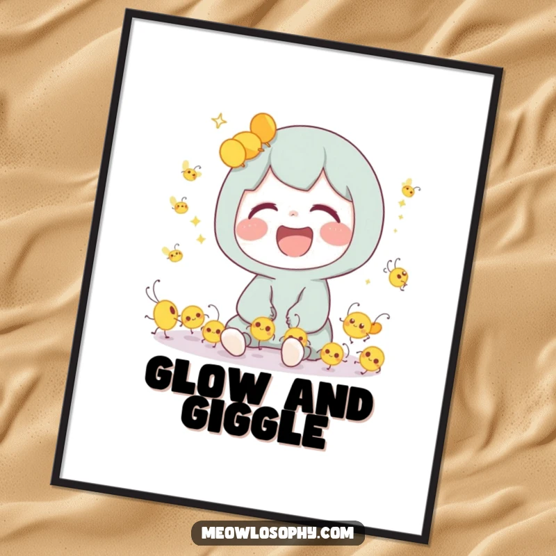Funny Digital Art Print of a cute character laughing heartily with tiny, luminous fireflies dancing beautifully.