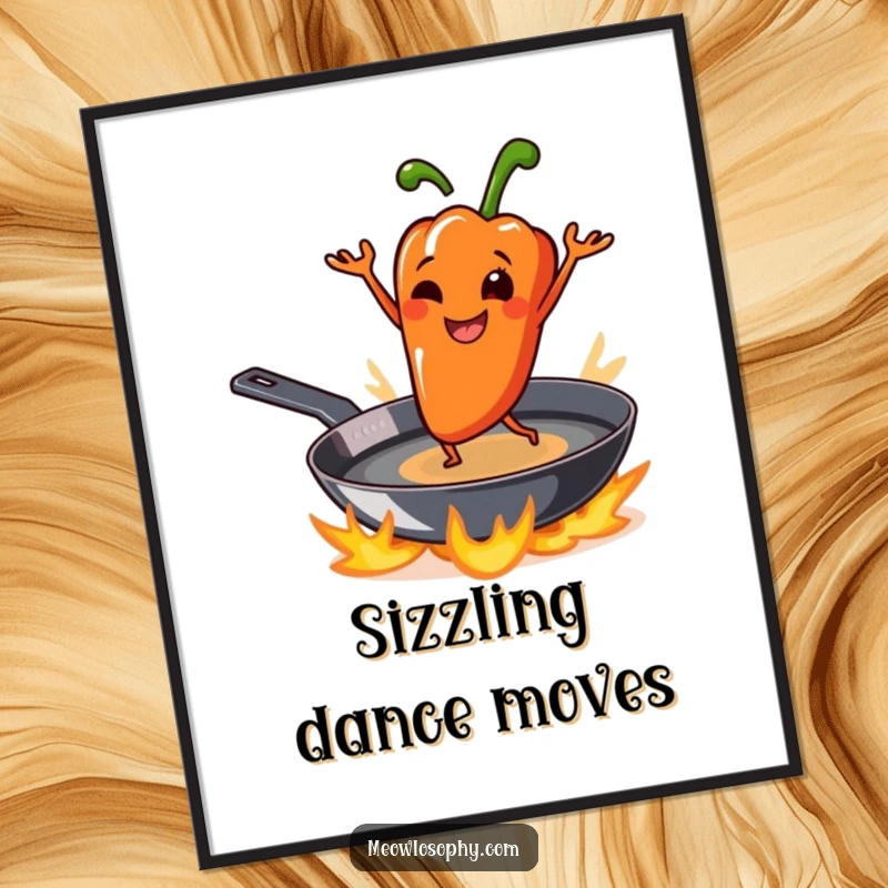 Funny grilled pepper character smiling and dancing playfully on a sizzling skillet, as a vibrant digital art print.