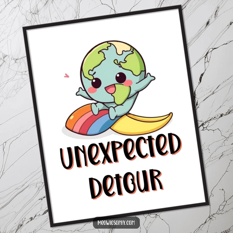 Funny digital art print of a kawaii earth character comically slipping on a rainbow banana peel, perfect for humorous decor.