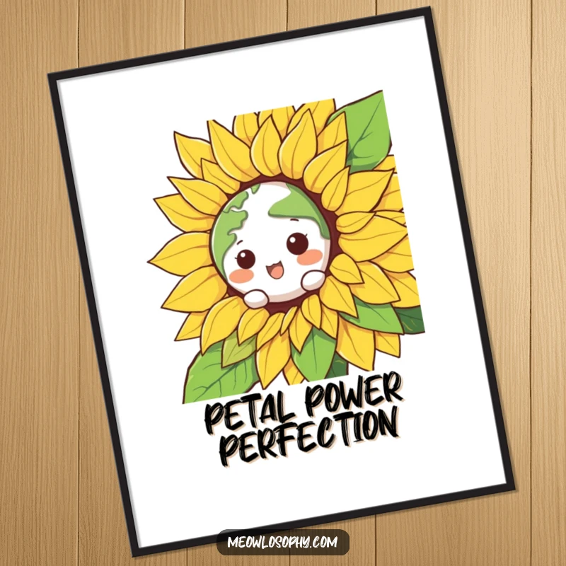 Funny Kawaii Earth character peeking from a giant, smiling sunflower, as a digital art print, bringing instant humorous joy.