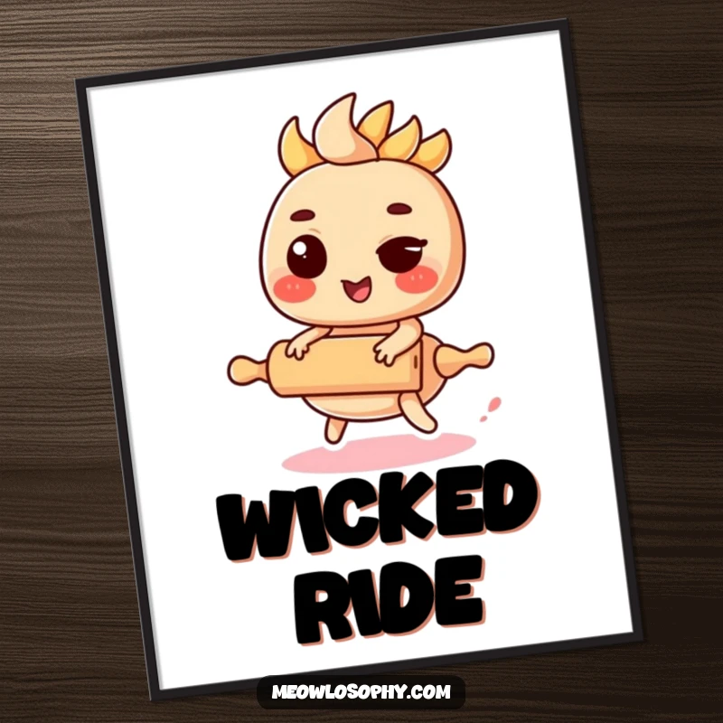 Funny Kawaii Fajita Digital Art Print of a winking fajita filling riding a miniature rolling pin, high-quality download.