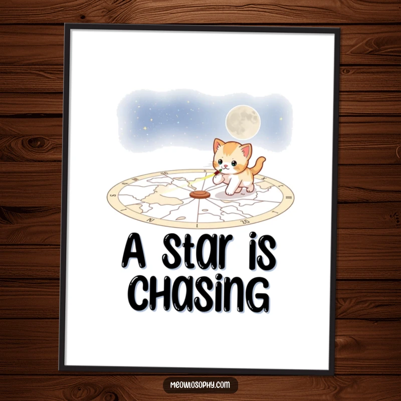Funny playful kitten digital art, a kitten chasing a laser pointer across a celestial map, perfect for adding cosmic charm.