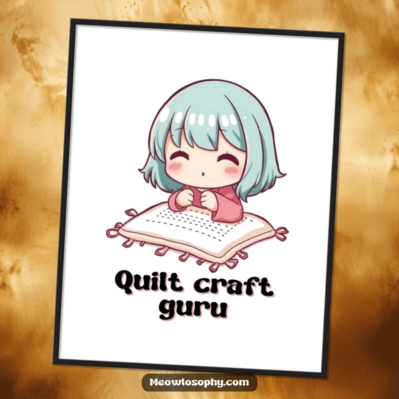 Funny adorable character stitching a small quilt with focused delight, as instant download digital art for crafters.