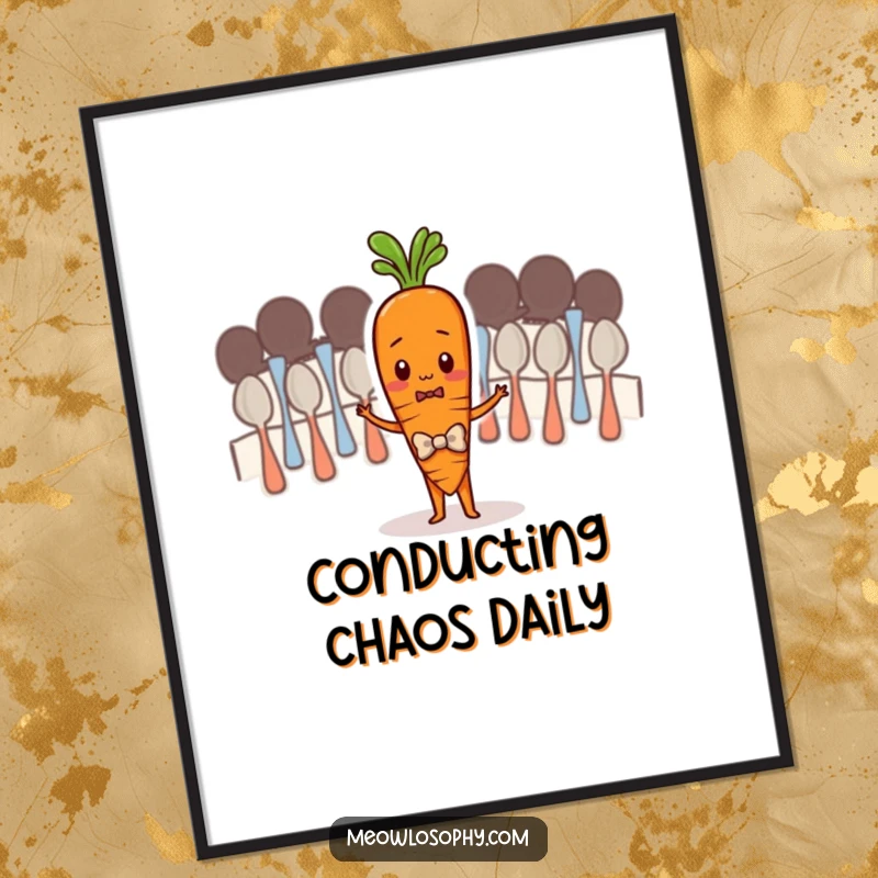 Funny digital art print of a shy carrot attempting to conduct a spoon orchestra, a humorous and artistic piece ready for framing.