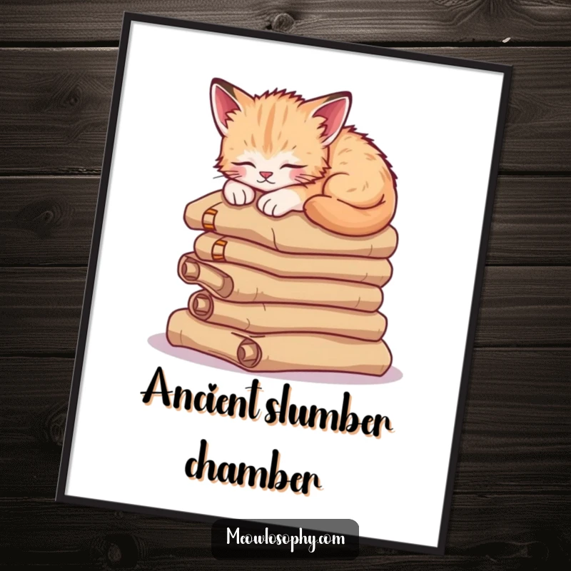 Funny sleepy kitten digital art, a cute cat napping on ancient scrolls, perfect for adding calm and humorous ambiance.