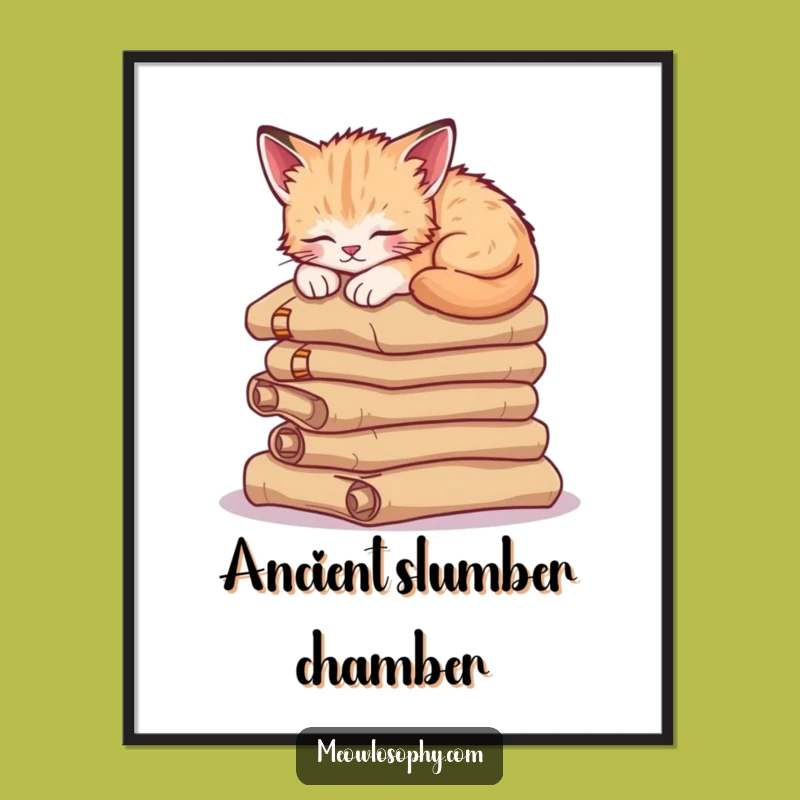 Funny Sleepy Kitten Digital Art: Ancient Scrolls Napper, Instant Download Art