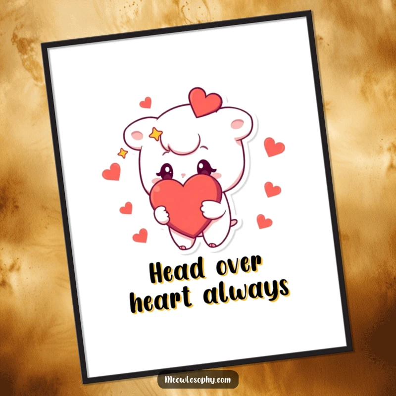 Funny digital art print of a cute character with stars in its eyes, holding a big, red heart, ideal for romantic wall decor.