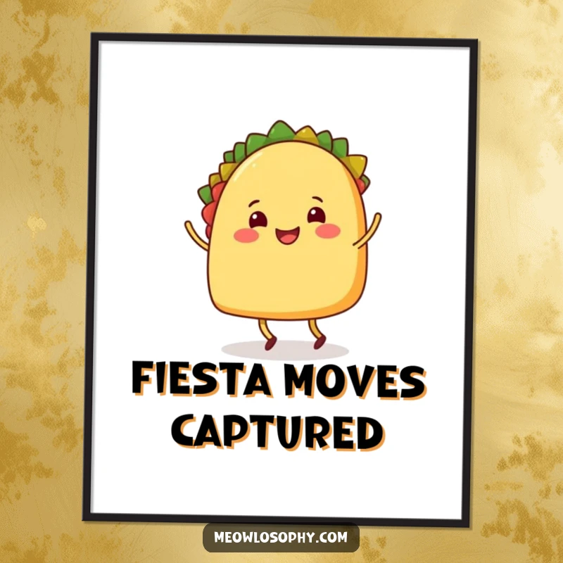 Funny Digital Art Print of a happy taco character with legs joyfully shuffle dancing, bringing vibrant, edible energy for wall decor.