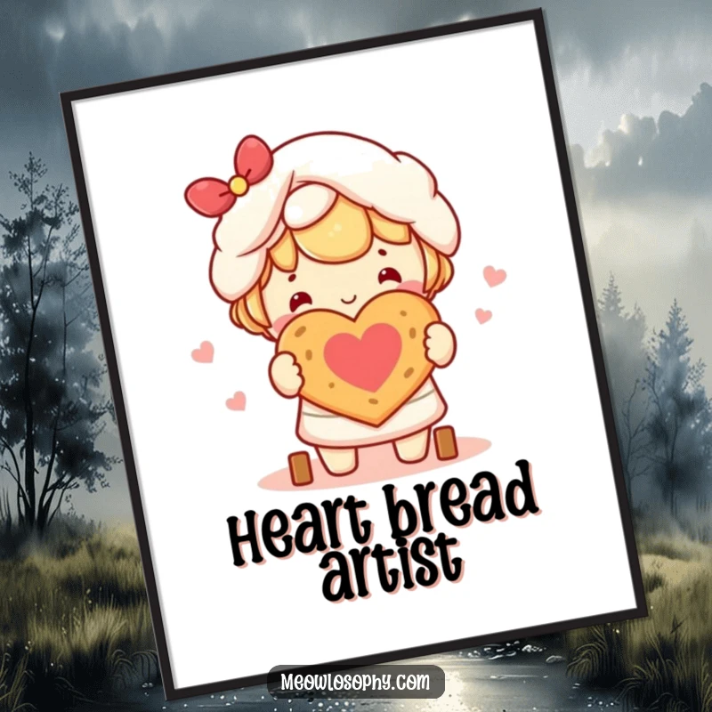 Funny kawaii character happily baking a heart-shaped loaf of bread, ready as instant download digital art.