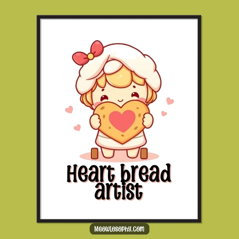 Funny Kawaii Baker Digital Art: Heart Bread, Instant Download Decor