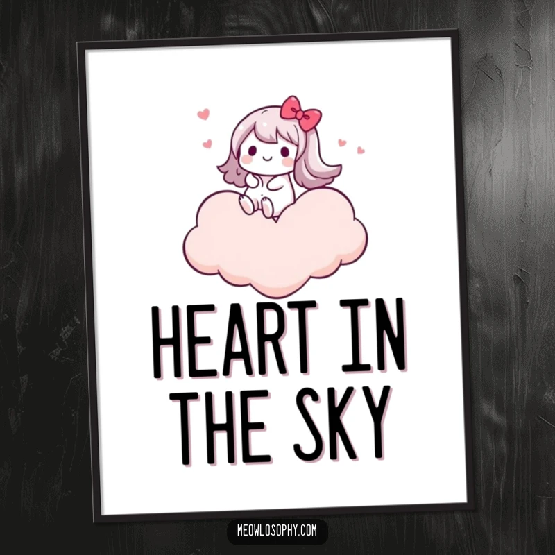 Funny digital art print of a kawaii character joyfully riding on a cloud shaped like a heart, ideal for blissful wall decor.