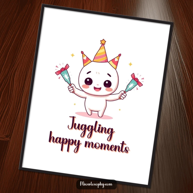 Funny Adorable Juggler Digital Art Print showing a character juggling sparkling party crackers. Humorous and instantly downloadable decor.