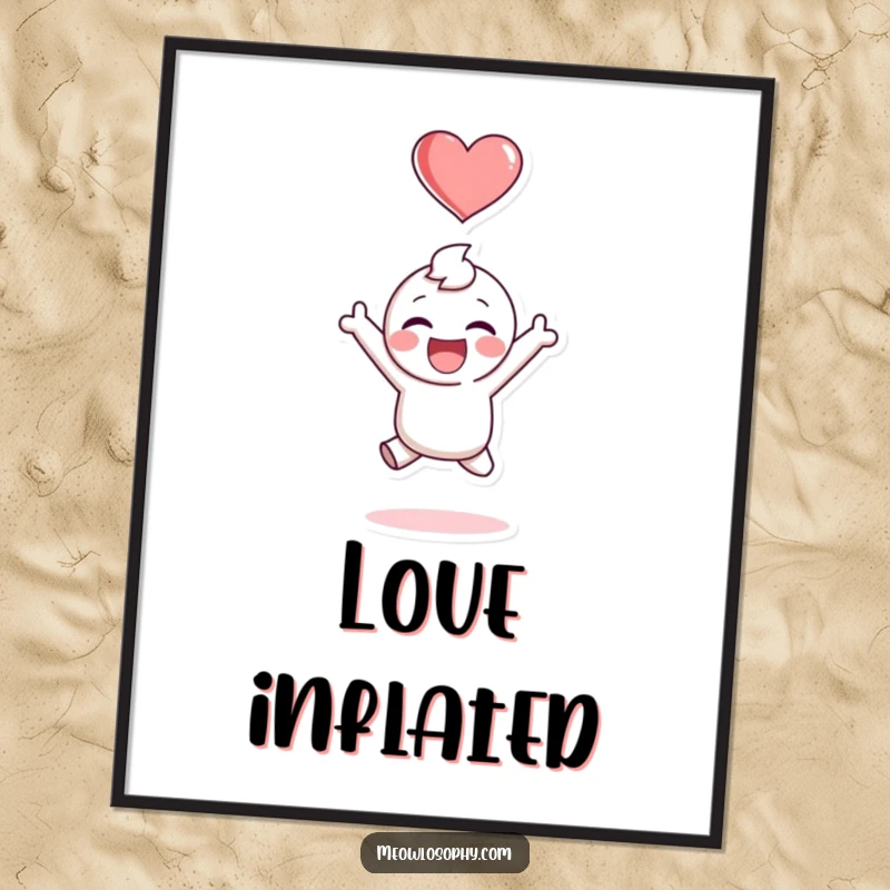 Funny digital art print of an adorable character jumping with joy, a heart hovering above, perfect for instant mood-lifting decor.