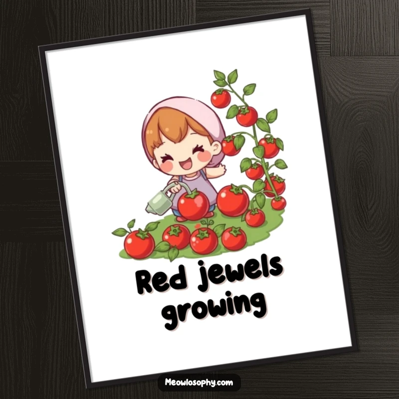 Funny digital art print of a joyful character watering plump, red tomatoes. Instant download for garden-themed humorous decor.