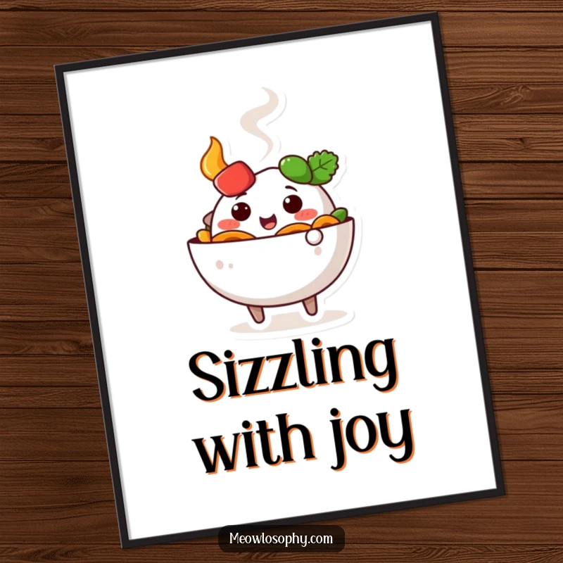 Funny cute fajita bowl character doing a happy wiggle with steam, as a vibrant digital art print.