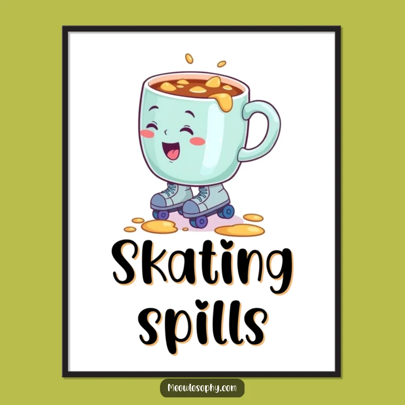 Funny Sentient Coffee Mug Roller Skate Digital Art, Hilarious Decor for Walls