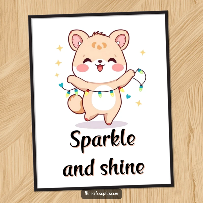 Funny Kawaii Animal Dancer Digital Art Print showing a cute character dancing with fairy lights. Humorous and instantly downloadable decor.