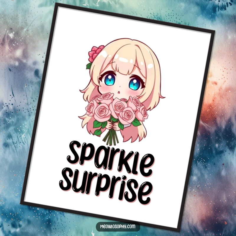 Funny digital art print of a character with a comically surprised expression holding a bouquet of sparkly roses, instant humorous decor.