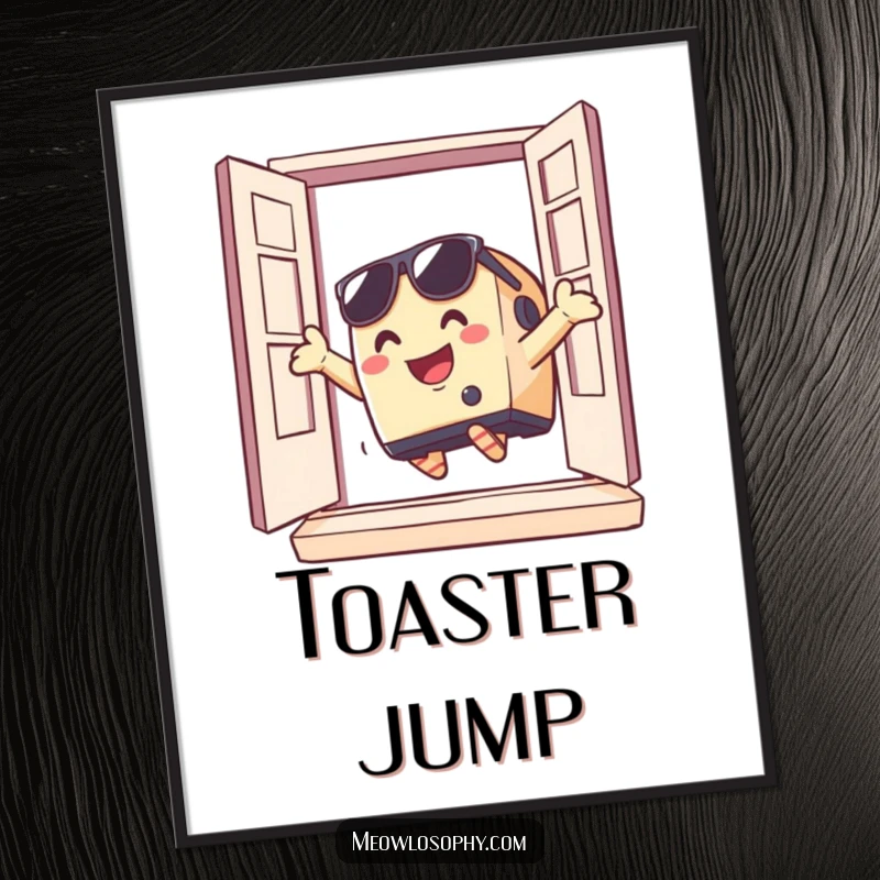Funny toaster wearing sunglasses dramatically jumping out of a window, presented as a digital art print for dramatic and humorous decor.