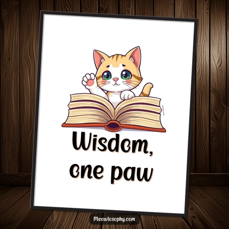 Funny digital art print of a curious cat peeking through a giant book, paw raised in deep thought.