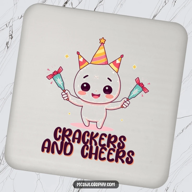 Funny Adorable Juggler Drink Coaster featuring a character juggling sparkling party crackers. A humorous and decorative accessory.