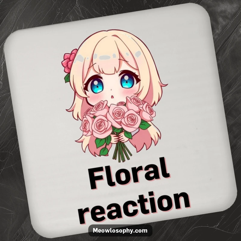 Funny drink coasters featuring a character in comical surprise holding a bouquet of sparkly roses, perfect for humorous table protection.