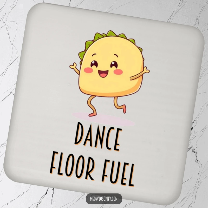 Funny Taco Coaster depicting a smiling taco with legs doing a happy shuffle dance, protecting surfaces.