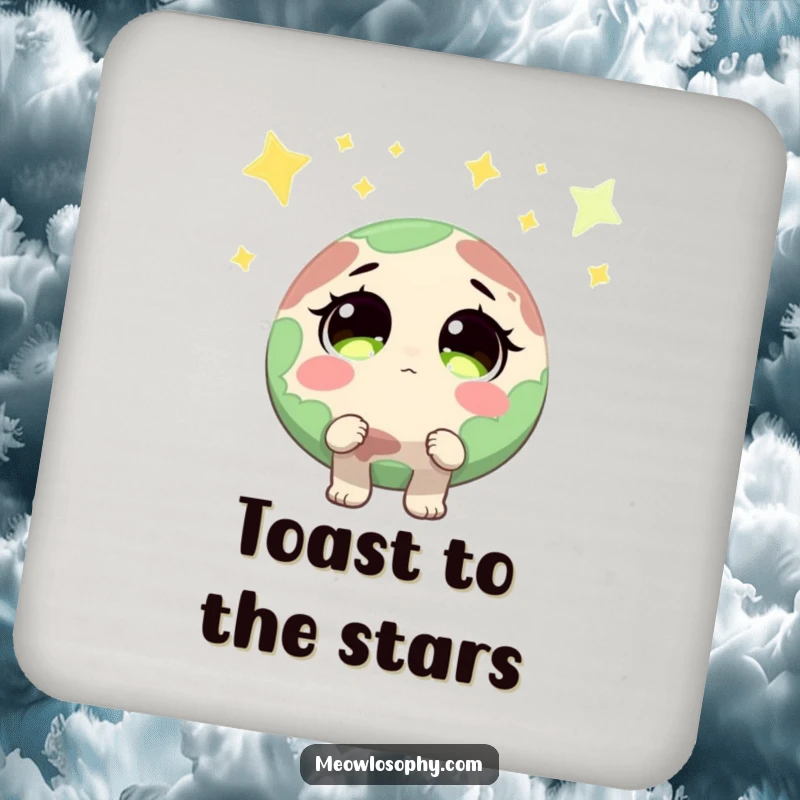 Funny Earth character with wide, sparkling eyes looking up at shooting stars on drink coasters, adding humorous celestial charm.