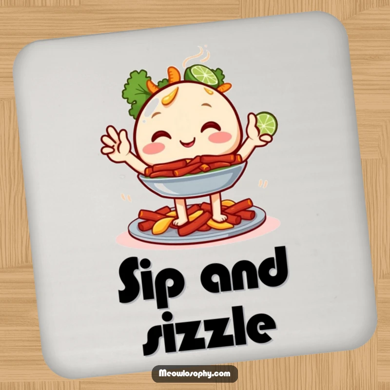 Funny Fajita Platter Coasters set with a joyful food character and two tiny lime wedges waving, offering humorous protection for tabletops.