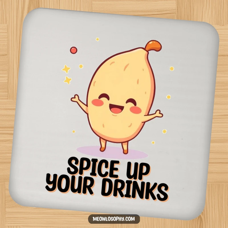 Funny Coaster featuring a smiling fajita spice character playfully sprinkling sparkles, protecting surfaces with culinary magic.