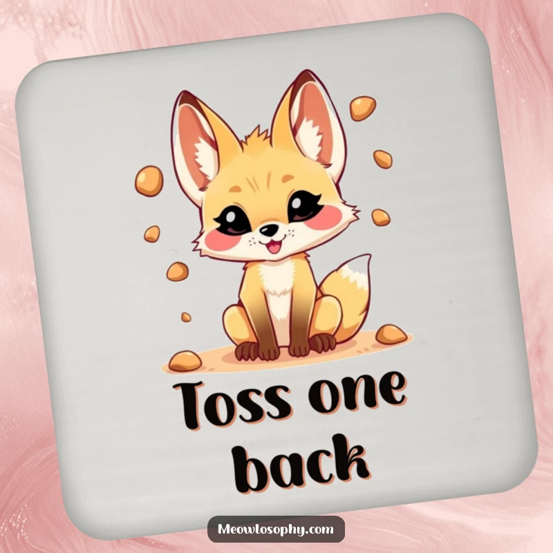 Funny drink coaster featuring a mischievous fennec fox juggling desert pebbles, adding playful charm to surface protection.