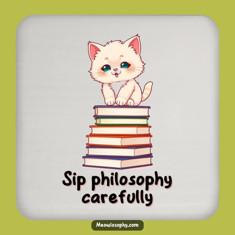 Funny Fluffy Kitten Drink Coaster: Philosophy Book Balance, Chic Decor