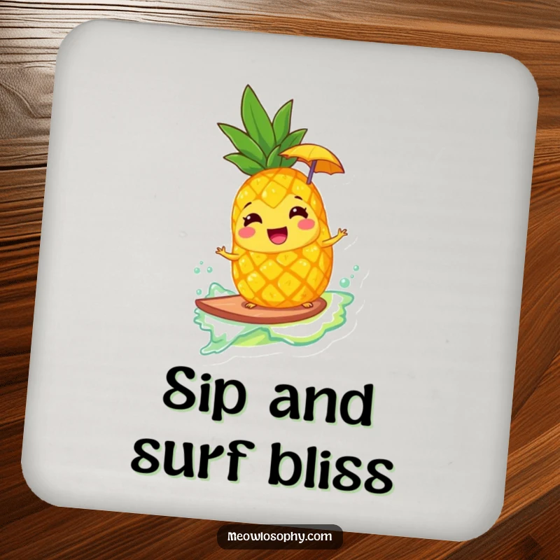 Funny drink coaster with a giggling pineapple wearing an umbrella, surfing a lemonade wave, adding tropical fun to table protection.