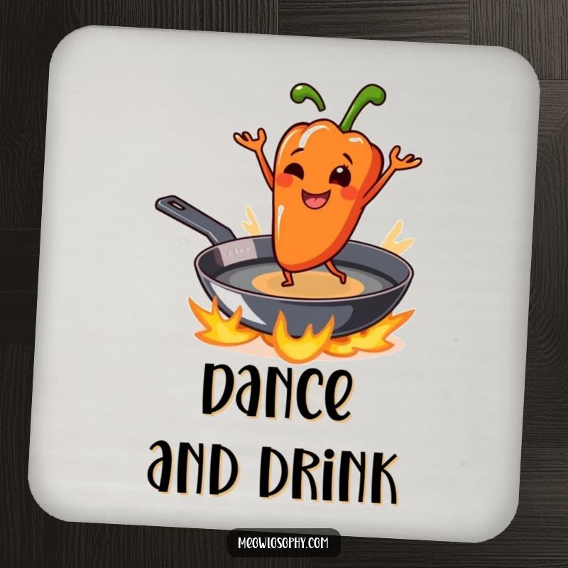 Funny grilled pepper character smiling and dancing on a sizzling skillet, protecting surfaces with this humorous drink coaster.
