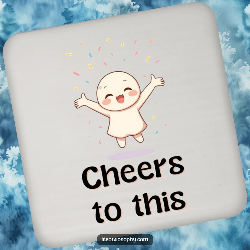 Funny Drink Coasters showing a happy character twirling with arms wide open under a gentle, festive confetti shower.