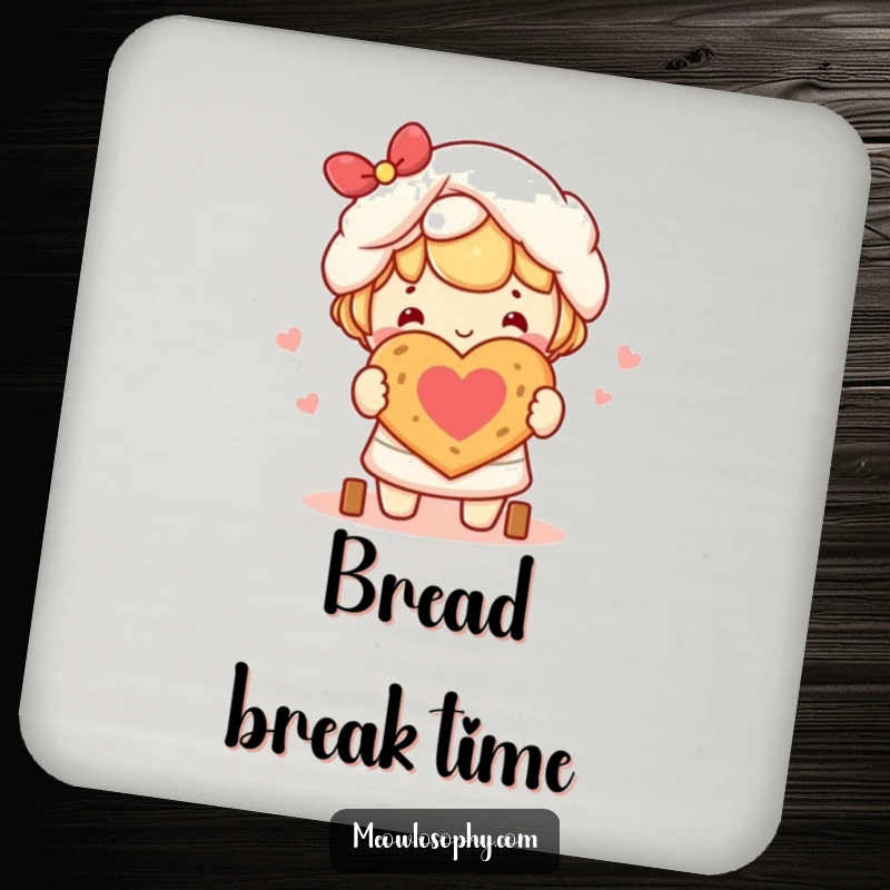 Funny kawaii character baking a heart-shaped loaf of bread, featured on a protective and decorative drink coaster.