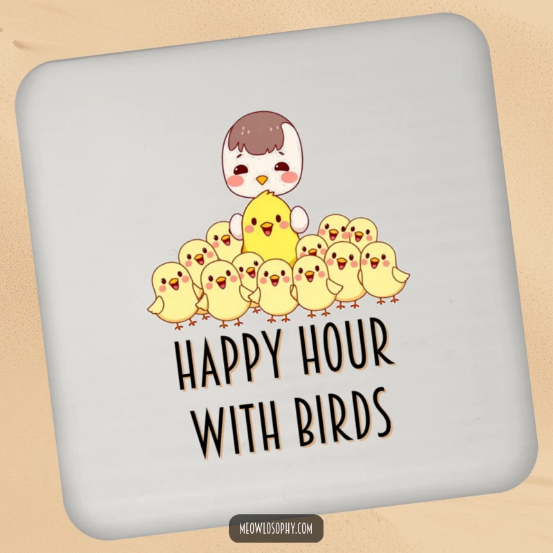 Funny kawaii coasters with a character feeding cheerful, plump birds. Protect furniture with adorable humor.