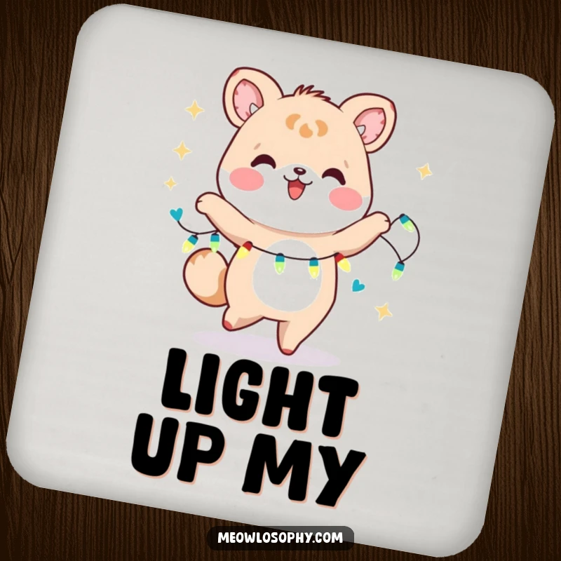 Funny Kawaii Animal Dancer Drink Coaster featuring a cute character dancing with fairy lights. A humorous and decorative accessory.