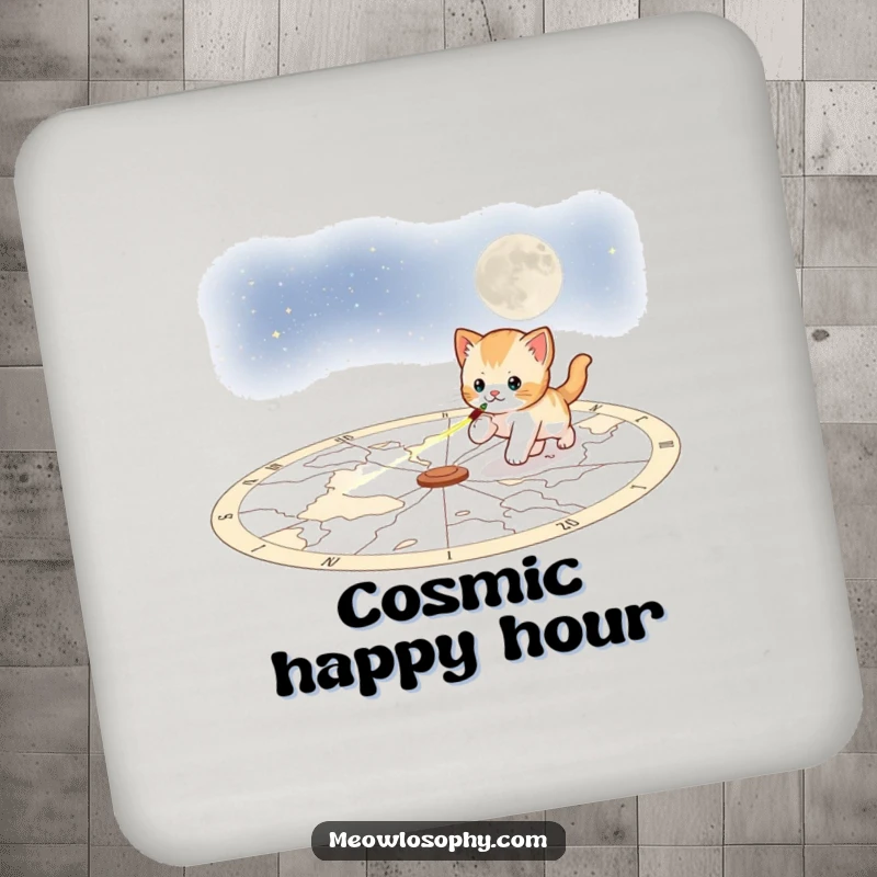 Funny playful kitten drink coaster, featuring a kitten chasing a laser pointer across a celestial map, protecting surfaces with charm.