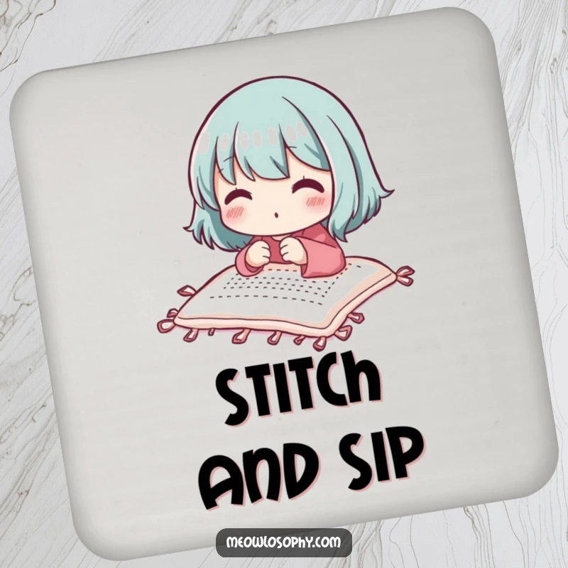 Funny adorable character stitching a small quilt with focused delight, featured on a protective and decorative drink coaster.