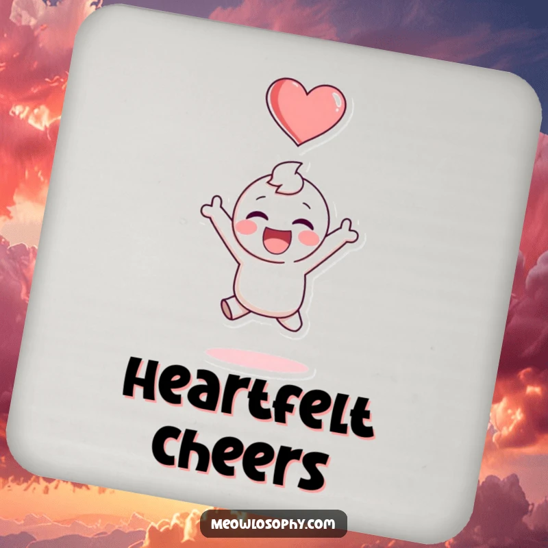 Funny drink coasters featuring an adorable character joyfully jumping with a heart symbol above, bringing happiness to any surface.