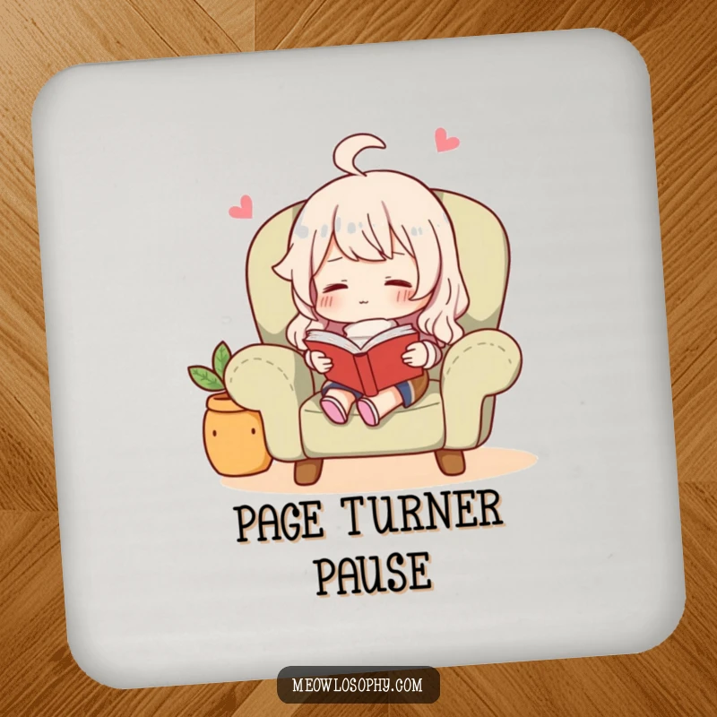 Funny character reading a book in a cozy armchair, featured on a protective and decorative drink coaster.