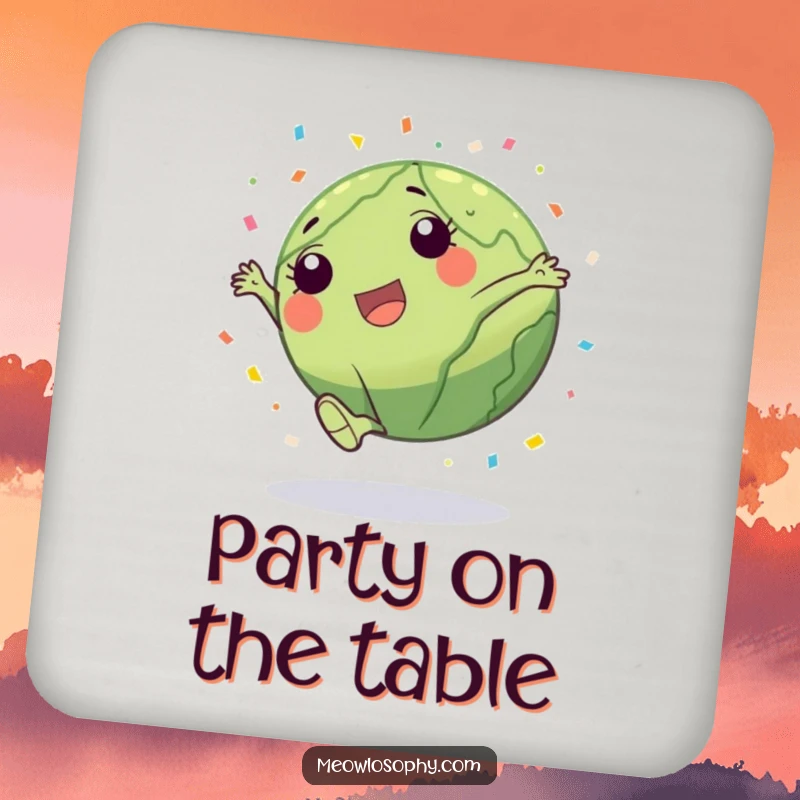 Funny Earth character doing a cartwheel with confetti on drink coasters, adding humorous festive flair.