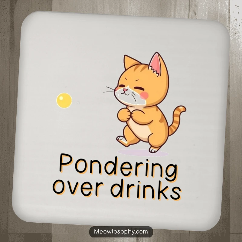 Funny drink coaster with a ginger cat chasing a philosophical laser dot, protecting surfaces humorously.