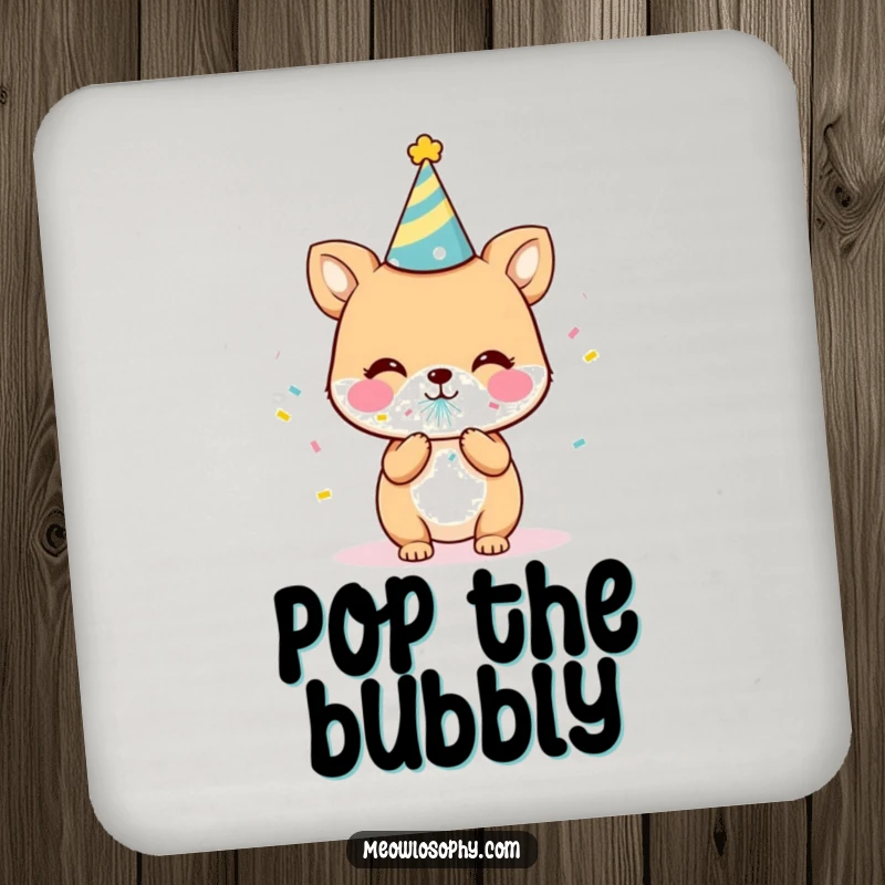 Funny Party Animal Drink Coaster featuring a cute character blowing a confetti popper. A humorous and decorative accessory.