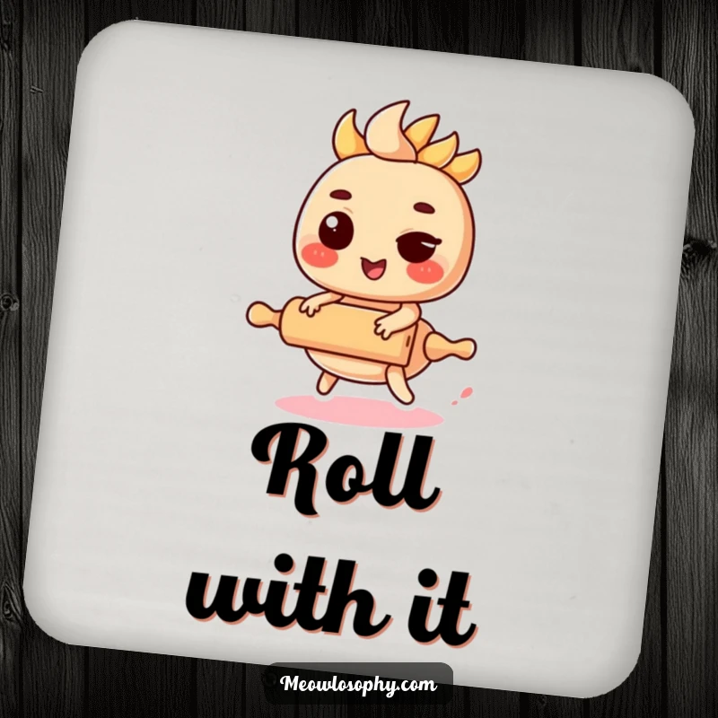 Funny Kawaii Fajita Coaster depicting a winking fajita filling riding a miniature rolling pin, protecting surfaces.
