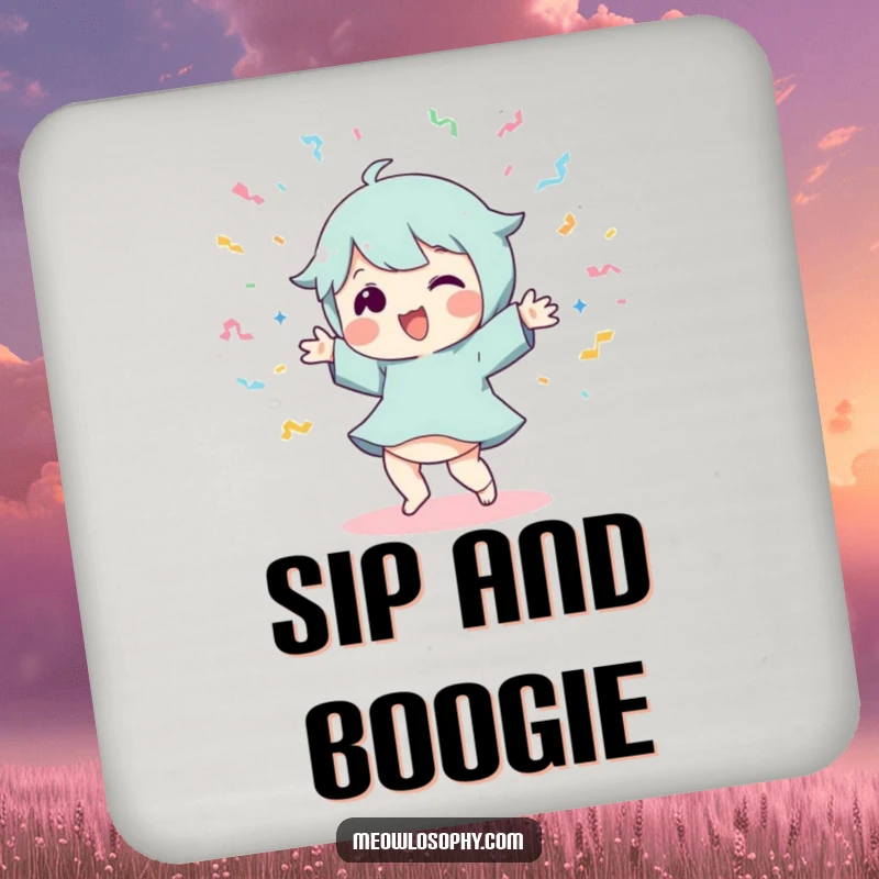 Funny Dancer Coasters: A playful character dancing amidst flying streamers, adding fun and surface protection.