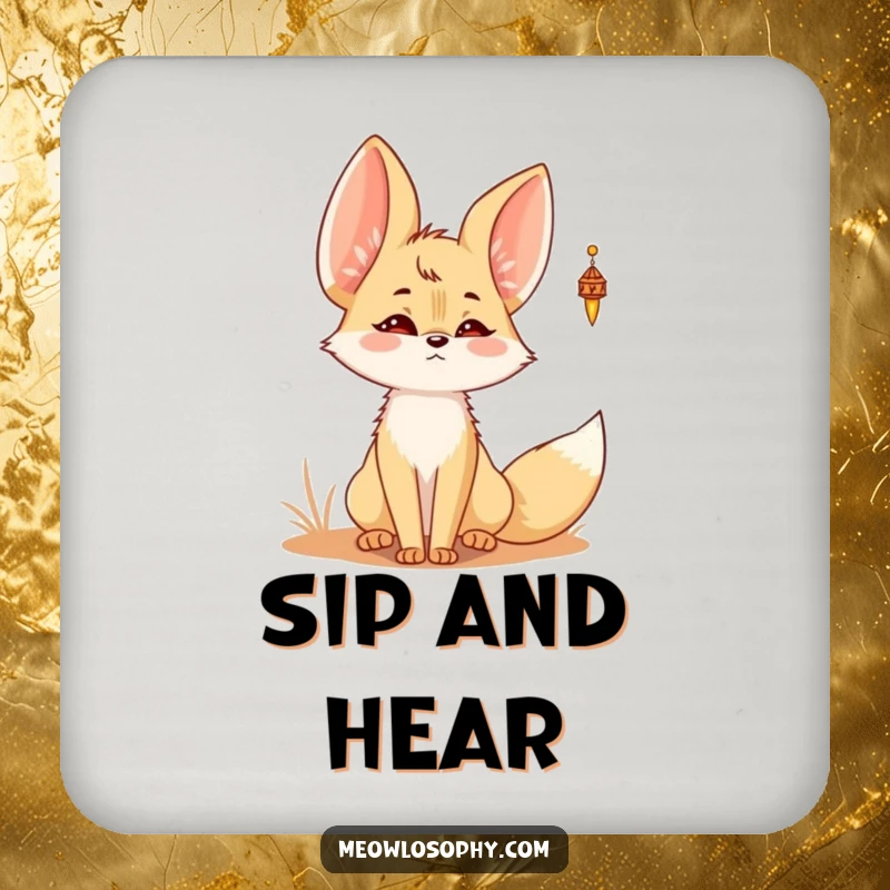 Funny Kawaii Fennec fox coaster showing a cute fennec fox with perked ears, listening to a desert wind chime.