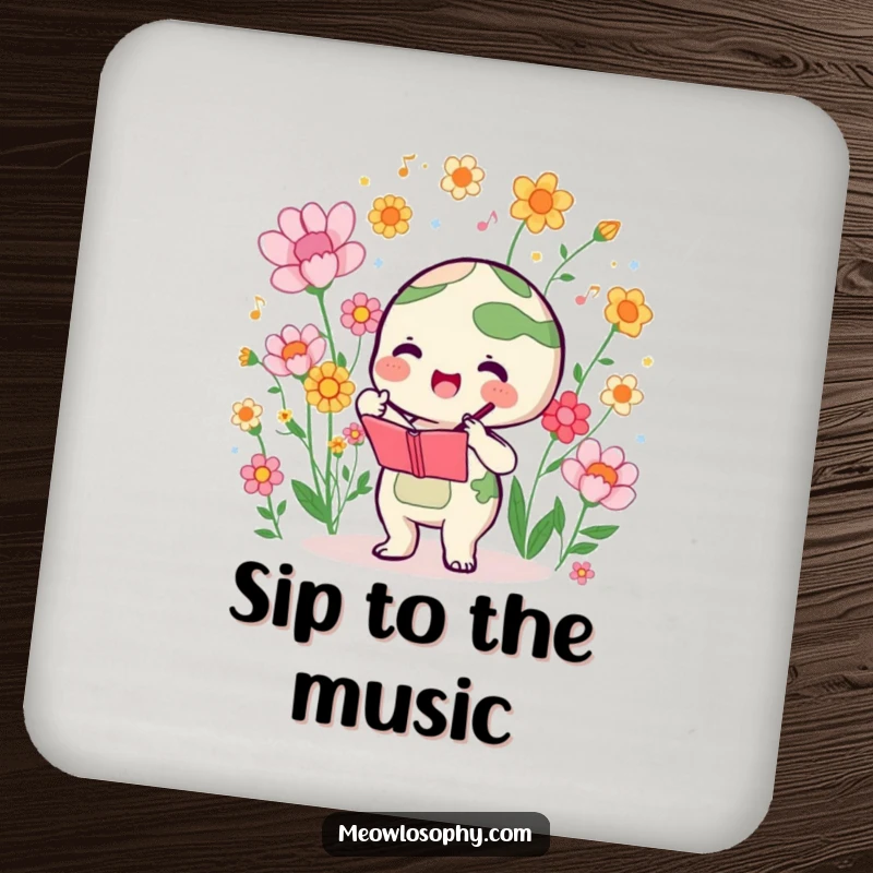 Funny drink coaster featuring a cute earth character conducting a symphony of blooming flowers, ideal for artistic decor.