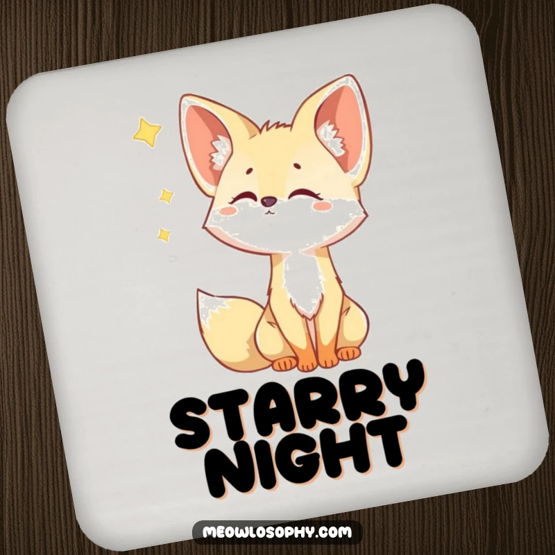 Funny Fennec Fox Coaster shows a cute fox with ears cocked, looking up curiously at a shooting star, protecting surfaces with charm.